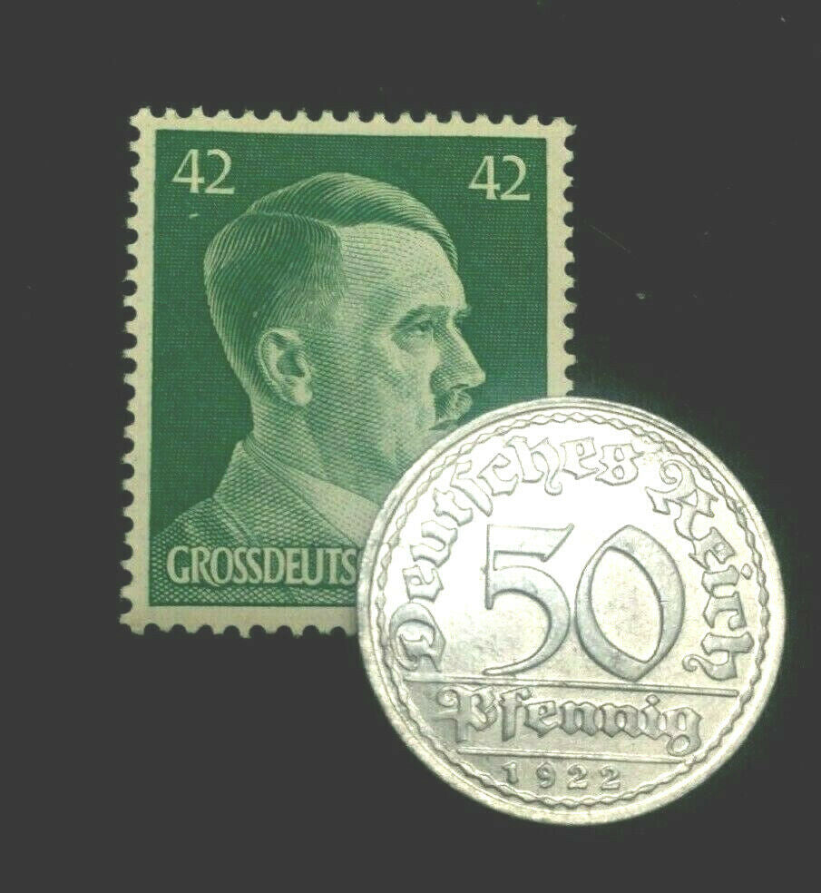 Rare Antique German 50 Pfenning 1920s Coin & Unused Stamp WW1 & 2 Artifacts