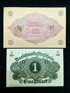 Vintage Authentic 1920 Germany 1 and 2 Mark Bank Note - 100 Years Old - UNC