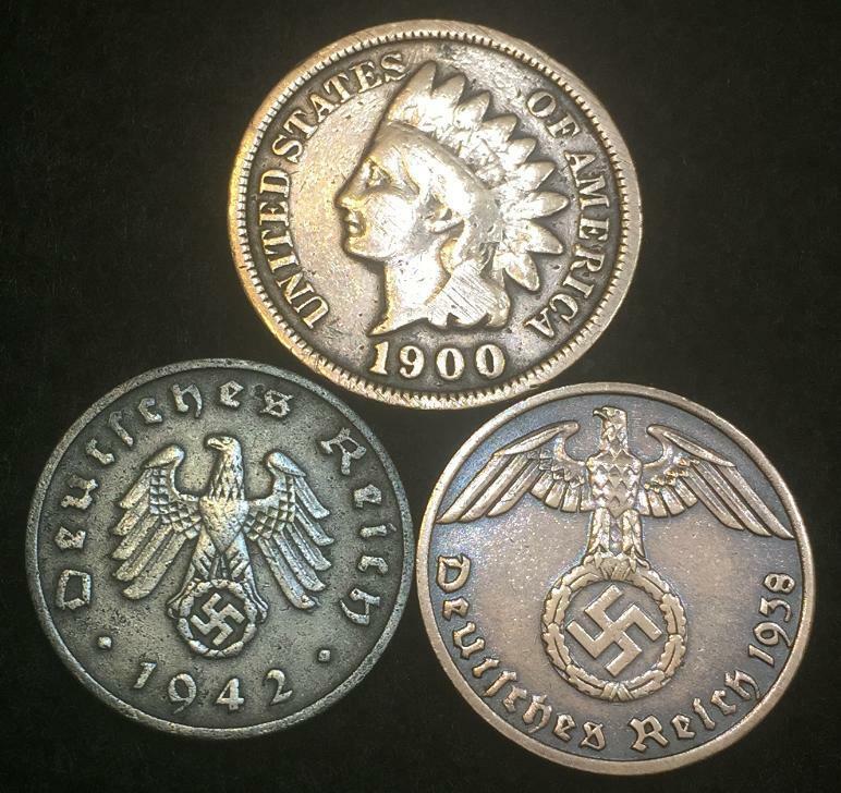 WW2 German Coins and Indian Head Cent Authentic Historical Artifacts