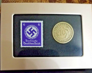 German WW2 Rare Weimar-Repu10 Rp Brass Coin & Stamp in a Secure Metal Disp Frame
