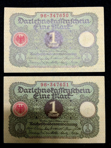 Germany 2 One Mark 1920 Bill - Uncirculated - Consecutive Numbers - Collectors Couch