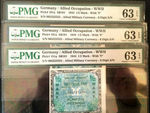 Allied Military Currency - WWII 1944 1/2 Mark - 3 Sequential Bills - PMG Cert - Collectors Couch