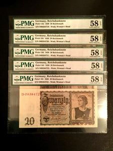 Antique Historical WWII Era 20 Reichsmark 1939 Sequential Set of 5 - PMG UNC EPQ