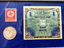 Load image into Gallery viewer, World War II Allied Miltary UNC 1944 Bill &amp; 2 Mark Silver Coin &amp; Unused Stamp - Collectors Couch