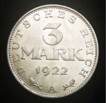 Load image into Gallery viewer, Historical Antique German - 3 Mark Coin-1922 A BERLIN - Hold a piece of History