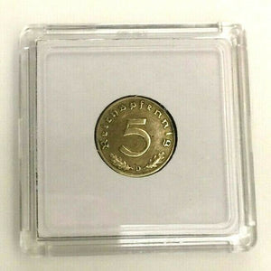 Rare WW2 German 1938 5 Reichspfennig Brass Coin in Display Case