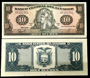 Ecuador 10 Sucres 1988 Banknote World Paper Money UNC Currency