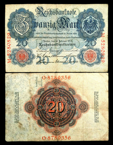 German 20 Reichsbanknote 1914 Banknote Paper Currency Circulated 100 Years Old - Collectors Couch