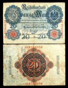 German 20 Reichsbanknote 1914 Banknote Paper Currency Circulated 100 Years Old