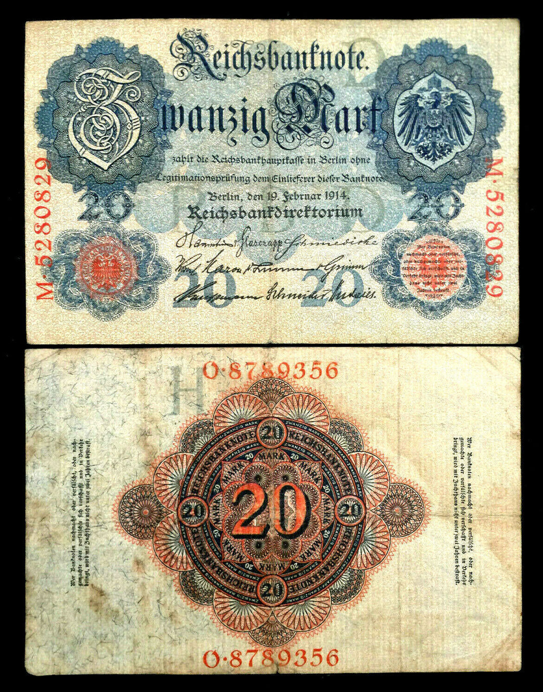 German 20 Reichsbanknote 1914 Banknote Paper Currency Circulated 100 Years Old