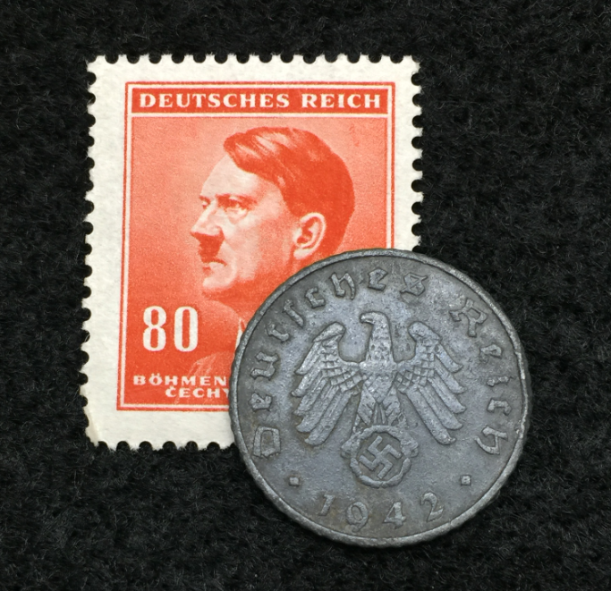 Rare Old WWII German War 5 Reichspfennig Coin & 80Pf Stamp World War 2 Artifact