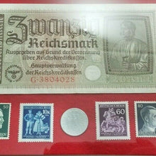 Load image into Gallery viewer, German Rare WW2 20 Mark Bill &amp; German 50 Pf Coin with UNC Stamps
