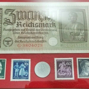 German Rare WW2 20 Mark Bill & German 50 Pf Coin with UNC Stamps