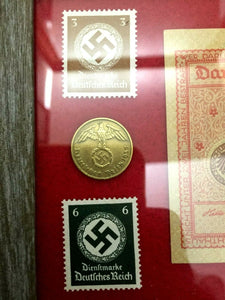 WW2 Rare German 5 Reichspfennig Brass Coin Stamps & 2 Mark Bill