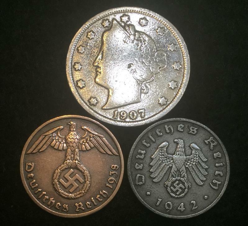 US V Nickel & Rare WW2 German Reichspfennig Coins - Historical Artifacts