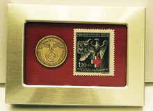 Load image into Gallery viewer, German WWII Rare 10 Rp Brass Coin &amp; Stamp in a Secure Metal Display Frame