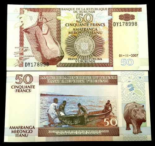 Burundi 50 Francs 2007 Banknote World Paper Money UNC Currency Bill Note - Collectors Couch