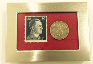 German  Rare 10 Rp Brass Coin with  Stamp in a Secure Metal Disp Frame