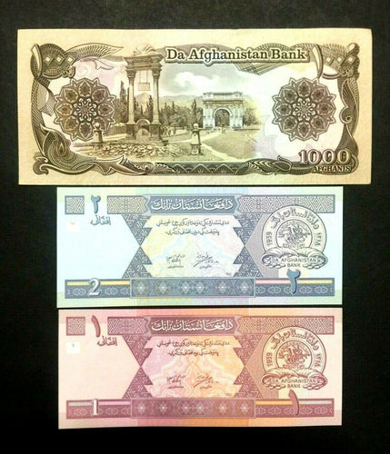 AFGHANISTAN Bank Notes 1, 2, 1000 Afghani Bills - A Remembrance of War