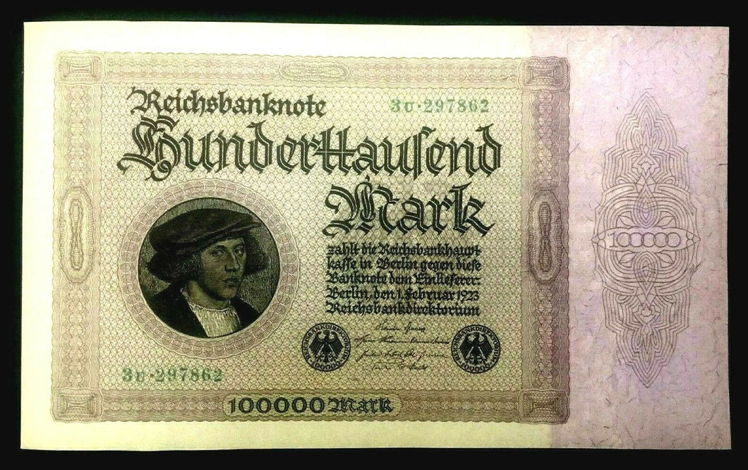 Authentic German - 100000 Reichsbanknotes Berlin 1 Feb 1923 - Historical Bill