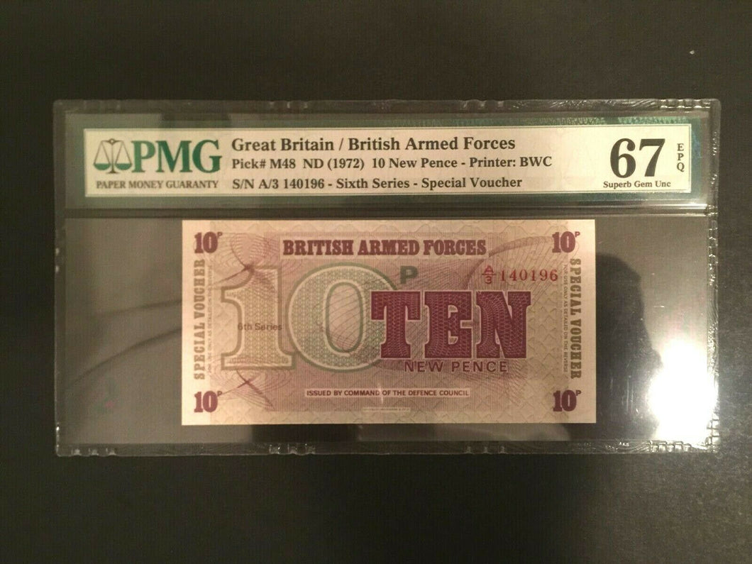 Great Britain Armed Forced 10 Pence Banknote World Paper Money PMG 68 EPQ Superb - Collectors Couch