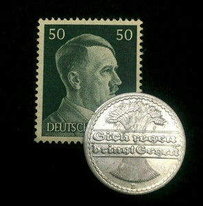 Rare Antique German 50 Pfenning 1920s Coin & Unused Stamp WW1 & 2 Artifacts