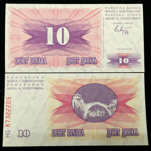 Bosnia & Herzegovina 10 Dinara 1992 Banknote World Paper Money UNC Bill Note - Collectors Couch