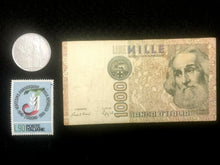 Load image into Gallery viewer, Historical Italy Collection- Used 1000 Lire Bill, 500 Lire Coin, &amp; New Stamp