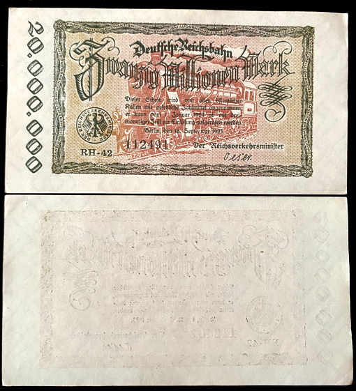 Germany 20 MILLION Mark 1923 Railroad Banknote 99 Years Old