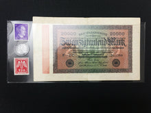 Load image into Gallery viewer, WW2  Rare 1RP German Coin and 2 Unused Stamps &amp; German Bill in Holder.