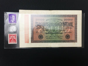 WW2  Rare 1RP German Coin and 2 Unused Stamps & German Bill in Holder.