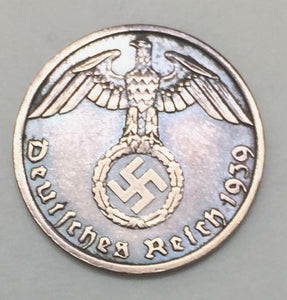 WW2 Rare German Nazi Third Reich 1 Rp Coin, Stamps & 1 Mark Bill in Display frame - Collectors Couch