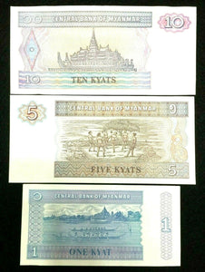 Myanmar Bill - 10, 5 ,1  Kyats UNC - Collectors Couch