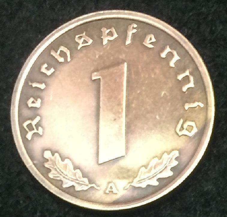 Rare Nazi Swastika 1 Reichspfennig German Coin World War 2 WW2 with Blue Hitler Head Stamp MNH