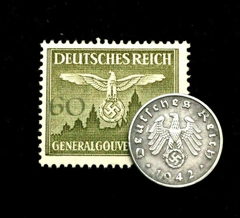 Rare Old WWII German War 1 Reichspfennig Coin & Stamp World War 2 Artifacts