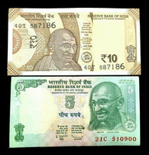 Load image into Gallery viewer, India 5 and 10 Rupees GANDHI Banknote World Paper Money UNC Currency Bills Note