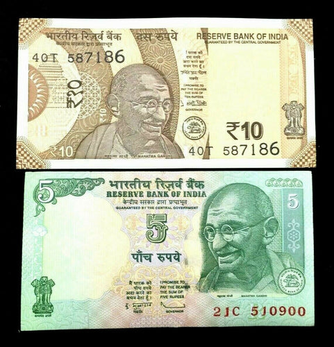 India 5 and 10 Rupees GANDHI Banknote World Paper Money UNC Currency Bills Note - Collectors Couch