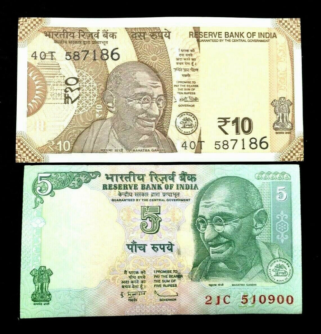 India 5 and 10 Rupees GANDHI Banknote World Paper Money UNC Currency Bills Note