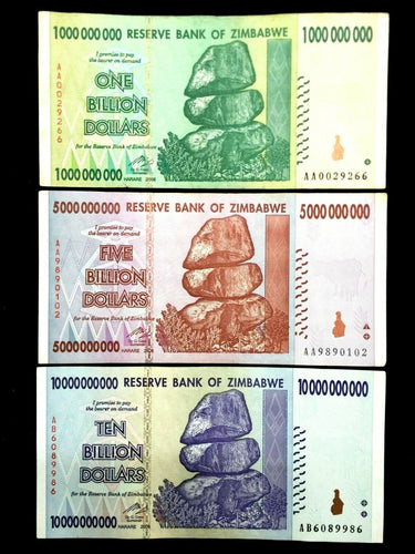 Zimbabwe 1, 5, and 10 Billion Dollar Bills Banknotes Paper Money World Currency - Collectors Couch