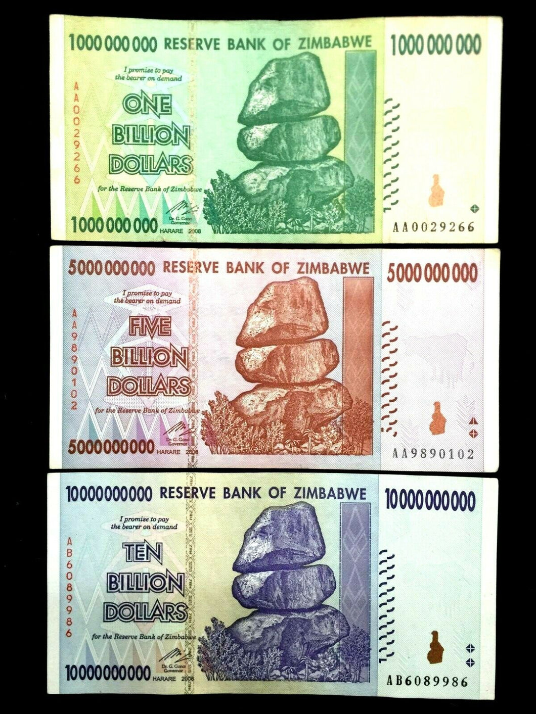 Zimbabwe 1, 5, and 10 Billion Dollar Bills Banknotes Paper Money World Currency