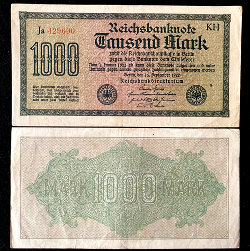 Germany 1000 Mark 1922 BERLIN Post WWI Hyperinflation Era 100 Yrs Old - Collectors Couch