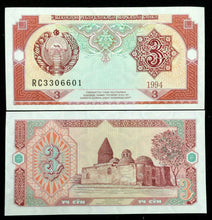 Load image into Gallery viewer, UZBEKISTAN 3 SUM 1994 Banknote World Paper Money UNC Currency Bill Note