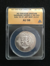 Load image into Gallery viewer, PYE37 ART Mint Sasanian Kings Kushro II Silver Drachm ANACS AU58 - Collectors Couch