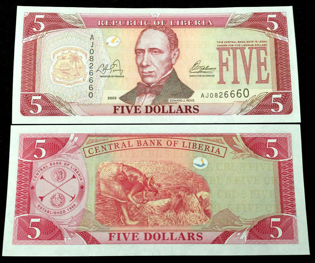 Liberia 5 Dollars 2003 Banknote World Paper Money UNC Currency Bill Note - Collectors Couch