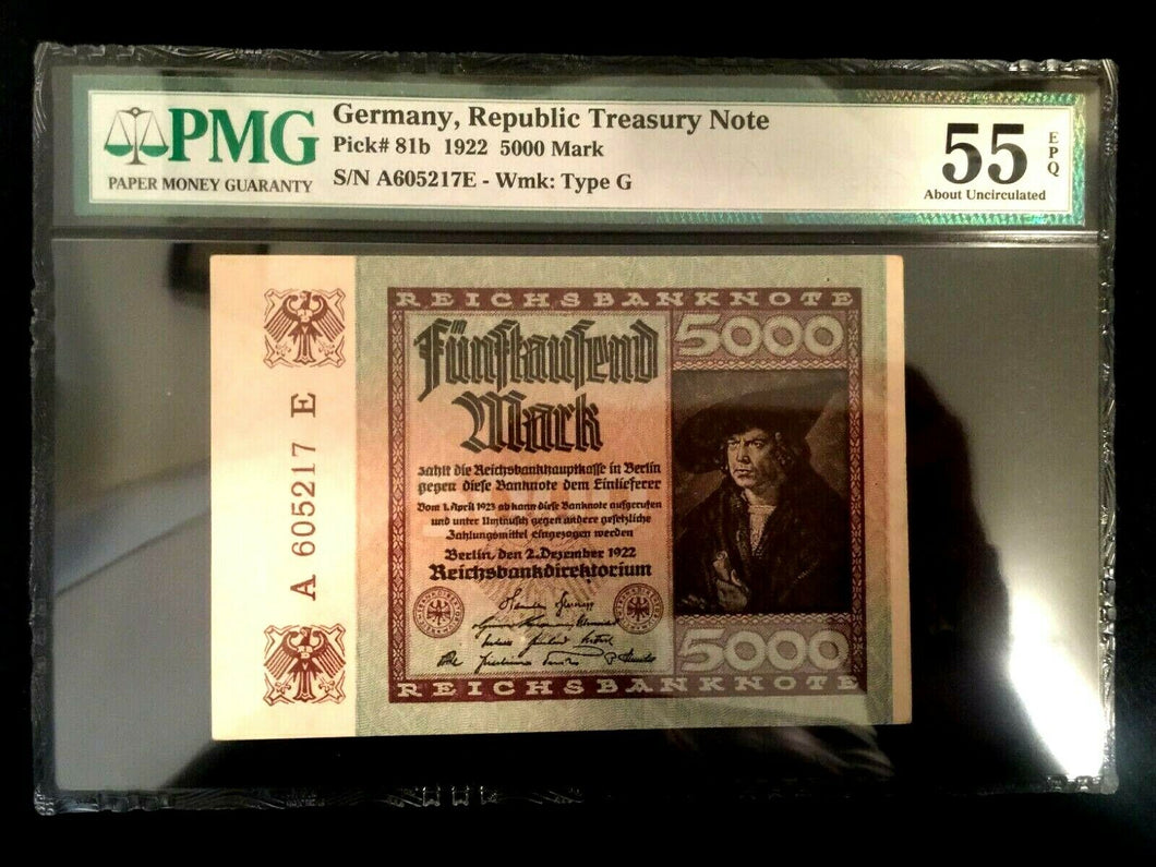 Antique Rare Historical 5000 German Marks 1922 -  PMG Certified UNC EPQ