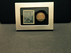 German Nazi WWII Rare 10 Rp Brass Coin  & Stamp in a Secure Metal Display Frame - WWII Artifacts