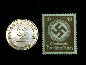 Rare Old WWII German War Coin Two Reichspfennig & Stamp World War 2 Artifacts