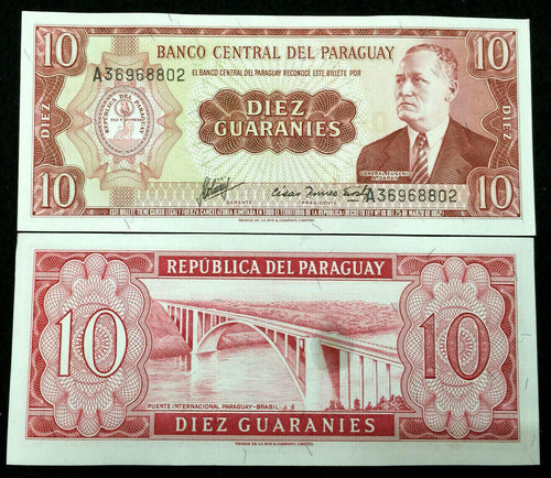 Paraguay 10 Guaranies 1952 banknote World Paper Money UNC Currency Bill - Collectors Couch