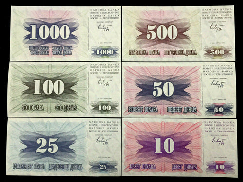 Bosnia & Herzegovina 1000,500,100,50,25,10 Dinara 1992 UNC Banknotes - Collectors Couch