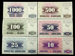 Bosnia & Herzegovina 1000,500,100,50,25,10 Dinara 1992 UNC Banknotes - Collectors Couch